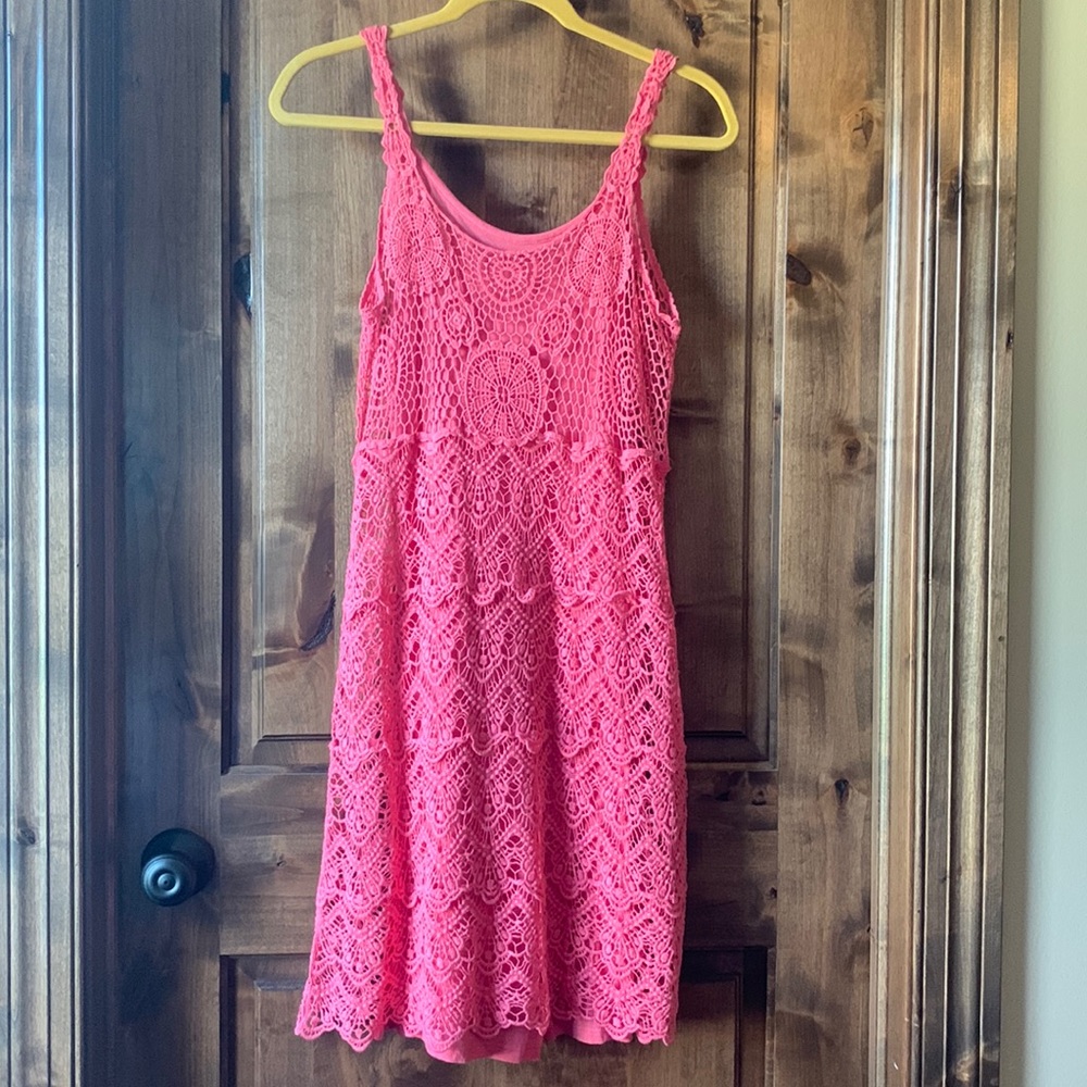 Coral/pink mini dress with lace overlay